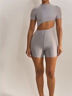 Cutout High-Waist Biker Romper in Light Gray